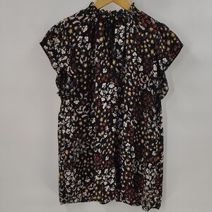 Maurices Blouse XL Black Floral Print Flutter Sleeve High Collar Fall Colors